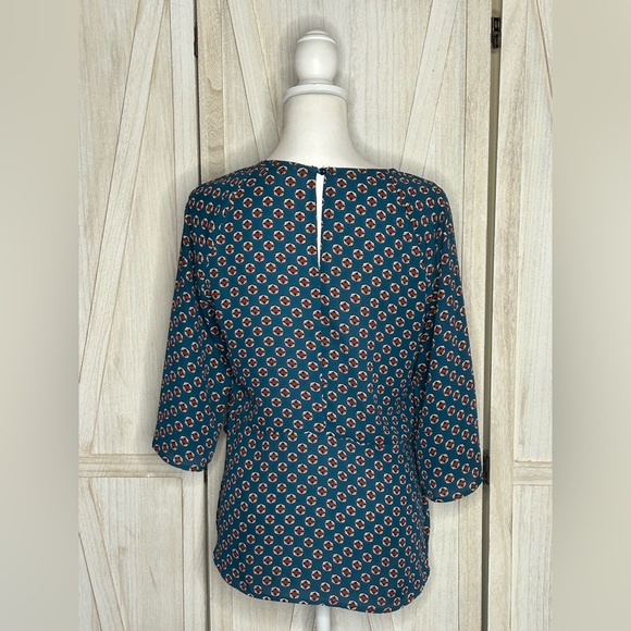 Chenault Teal Geometric Print Tie Front Draped Blouse sz M EUC Boho Eclectic - Picture 6 of 12